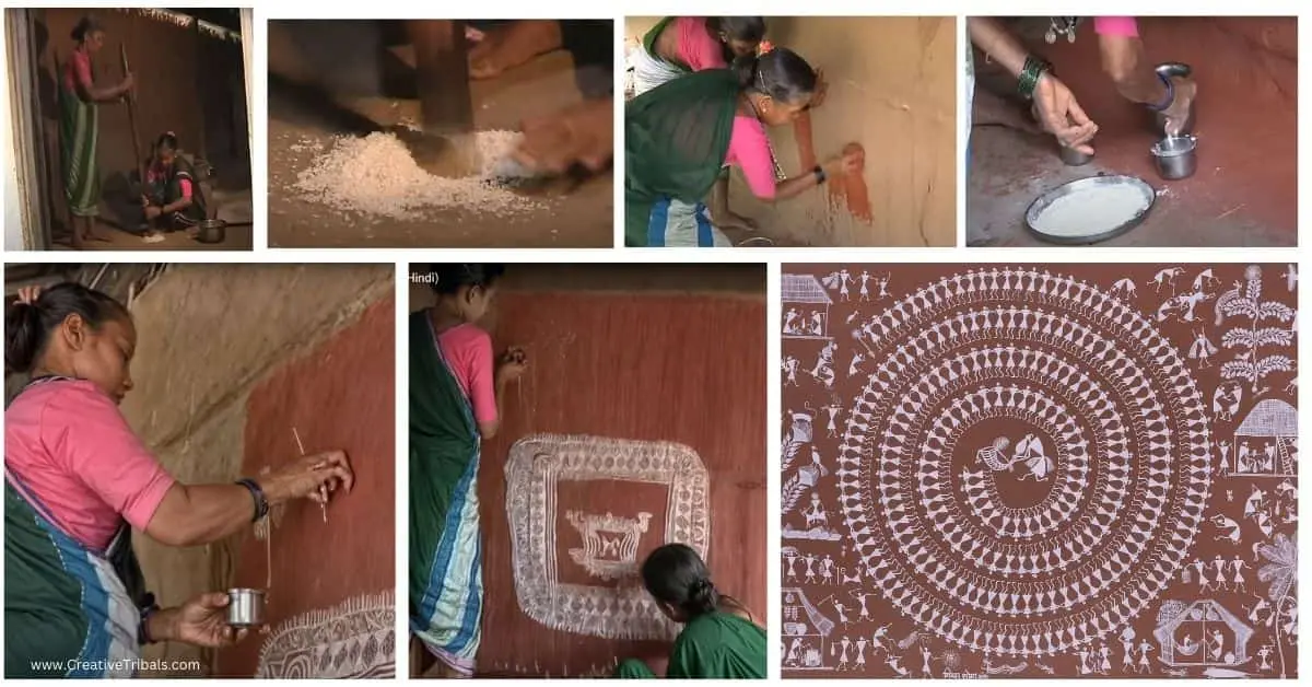 Traditional Warli art depicting tribal life and rituals with white geometric patterns on a brown background.