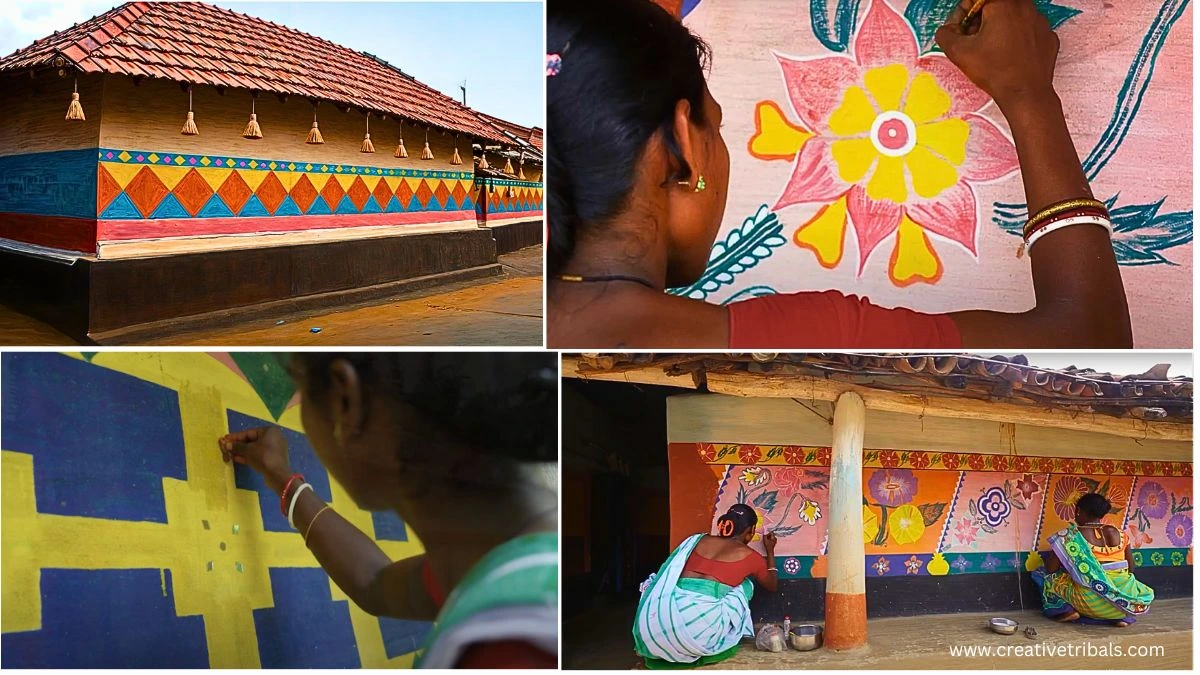 Colorful Santhal tribe art showcasing traditional motifs and vibrant patterns.