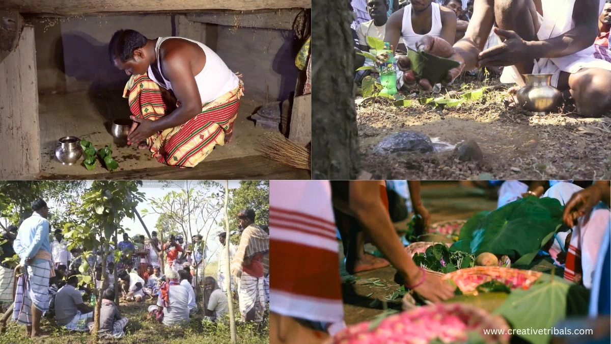 A colorful depiction of Santhal Tribe members engaging in traditional rituals, showcasing their cultural beliefs and practices.