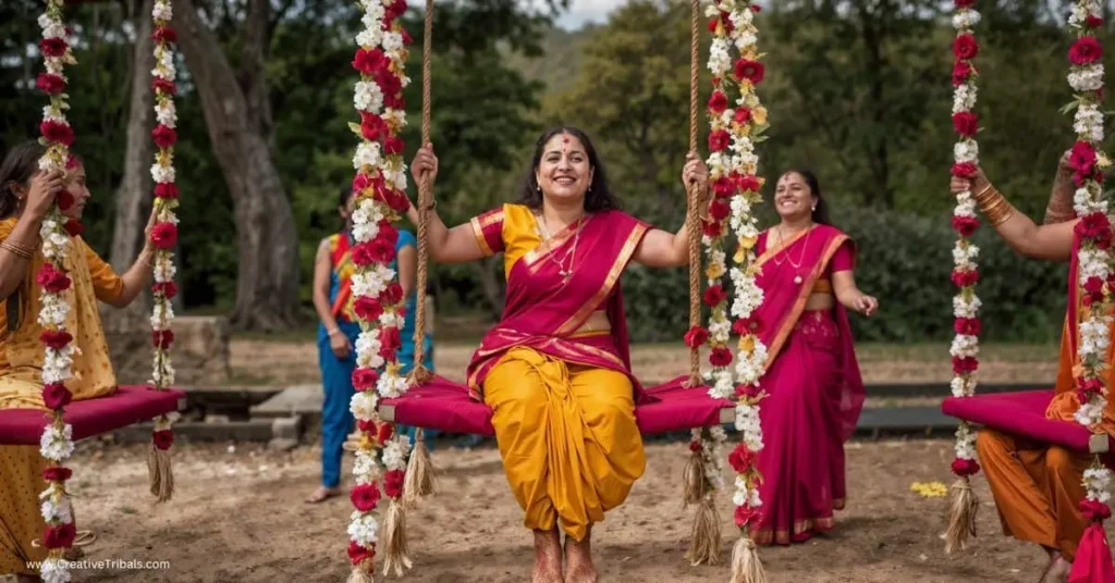 Women dressed in traditional sarees enjoying swing rides during Raja Sankranti festival in Odisha, India