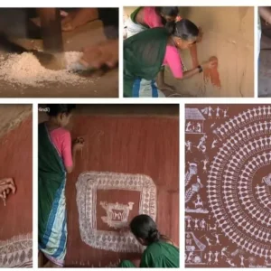 Step-by-step creation of Warli art showing the process from initial sketches to the final intricate design.