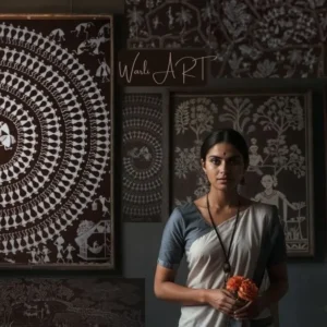 Warli painting depicting daily village life and tribal rituals with intricate white motifs on a brown background.