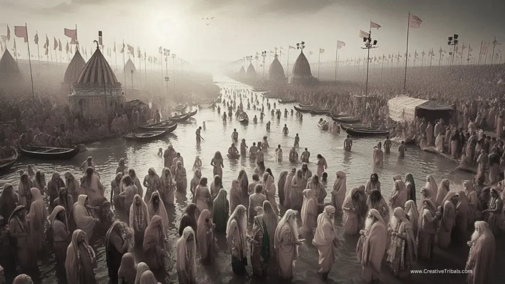 Devotees gathering at Kumbh Mela for spiritual rituals and prayers.